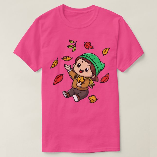 Cute Girl In Autumn Cartoon T-Shirt (Design Front)