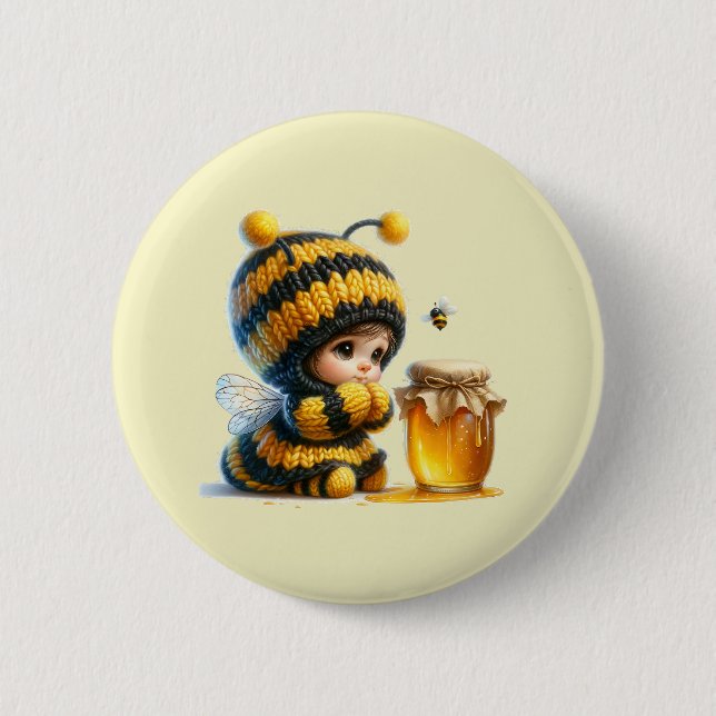 Cute Girl in Bee Costume with Honey 6 Cm Round Badge (Front)