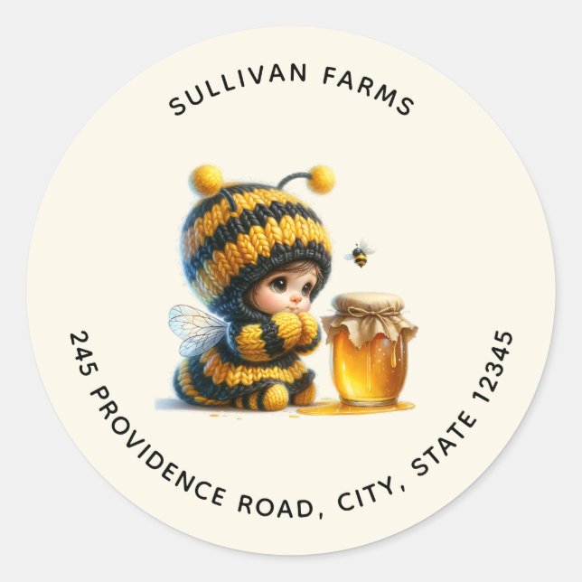 Cute Girl in Bee Costume with Honey Address Classic Round Sticker (Front)