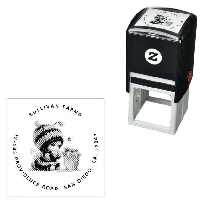 Cute Girl in Bee Costume with Honey Address Self-inking Stamp (In Situ)