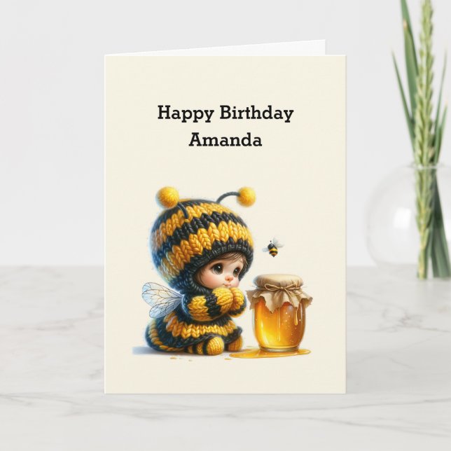 Cute Girl in Bee Costume with Honey Birthday Card (Front)