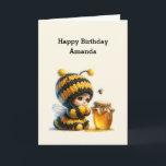Cute Girl in Bee Costume with Honey Birthday Card<br><div class="desc">Birthday card with a cute image. A girl in a crocheted bee costume with a bee by her side. Watching over a jar of honey.</div>