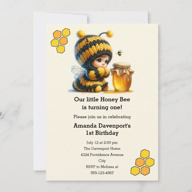 Cute Girl in Bee Costume with Honey Birthday Invitation (Front)