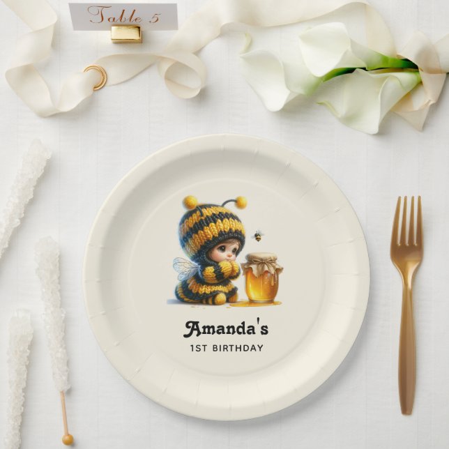 Cute Girl in Bee Costume with Honey Birthday Paper Plate (Wedding)
