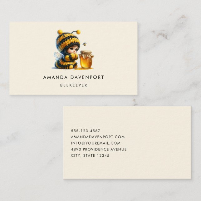 Cute Girl in Bee Costume with Honey Business Card (Front/Back)