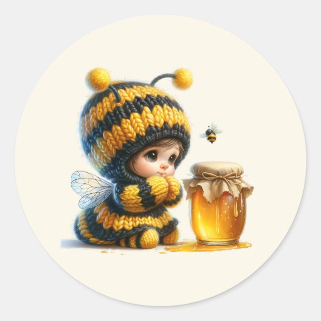 Cute Girl in Bee Costume with Honey Classic Round Sticker (Front)