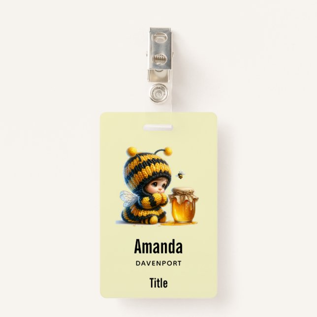 Cute Girl in Bee Costume with Honey ID Badge (Front with Clip)