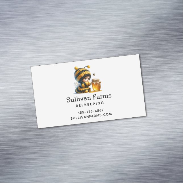 Cute Girl in Bee Costume with Honey Magnetic Business Card (In Situ)