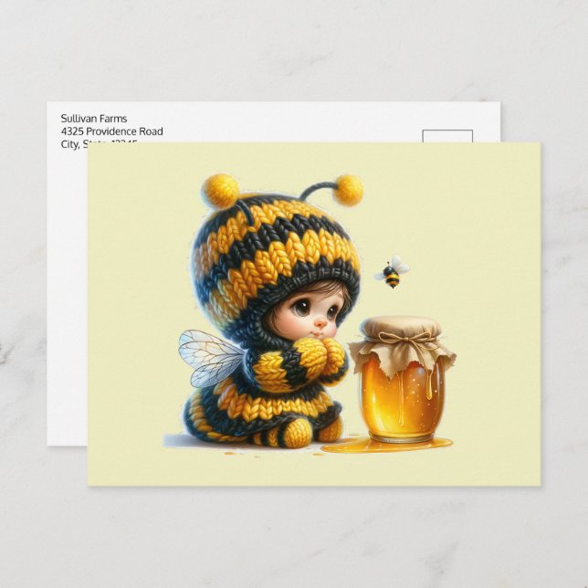 Cute Girl in Bee Costume with Honey Postcard (Front/Back)