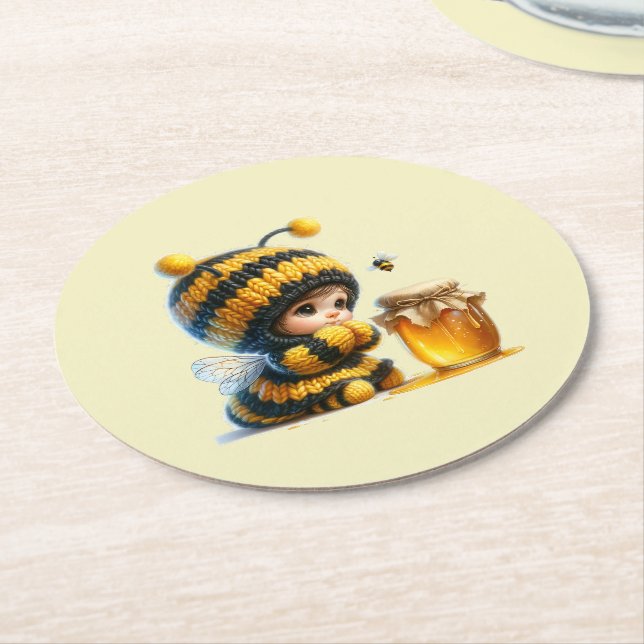 Cute Girl in Bee Costume with Honey Round Paper Coaster (Angled)