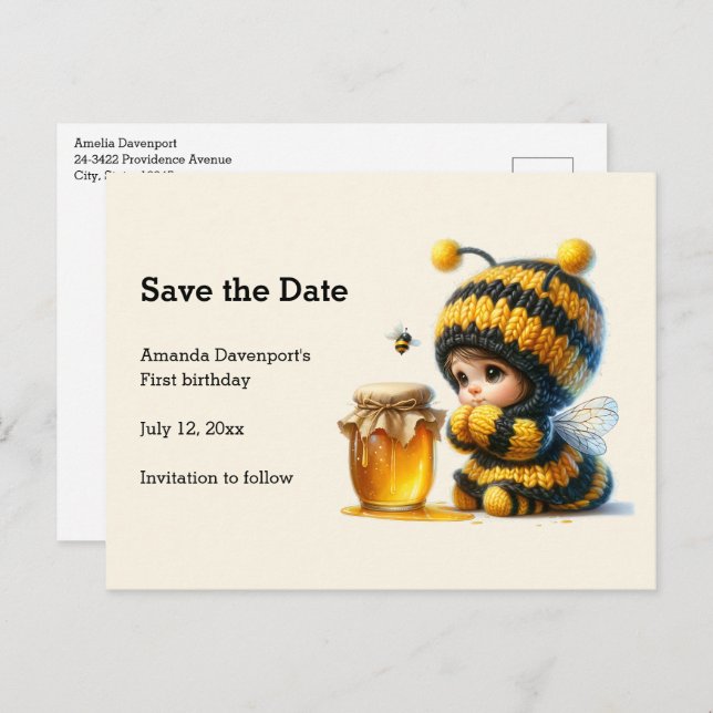 Cute Girl in Bee Costume with Honey Save the Date Announcement Postcard (Front/Back)