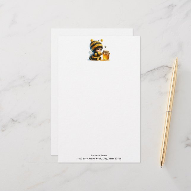 Cute Girl in Bee Costume with Honey Stationery (Front/Back In Situ)