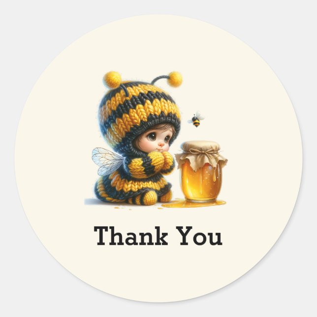Cute Girl in Bee Costume with Honey Thank You Classic Round Sticker (Front)