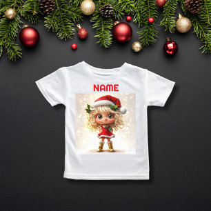 Cute Girl in Classic Christmas Attire CUSTOM NAME T-Shirt