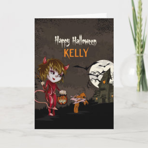 CUTE GIRL IN DEVIL COSTUME  CUSTOM HALLOWEEN CARD