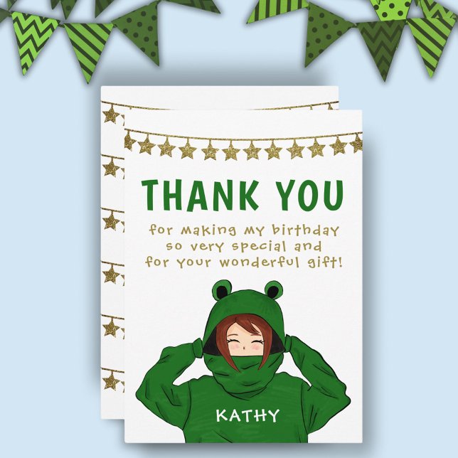 Cute Girl in Green Frog Hoody Stars Birthday  Thank You Card (Creator Uploaded)