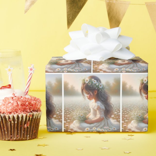 Cute Girl In Lace Dress with Daisies Wrapping Paper (Birthday Party)