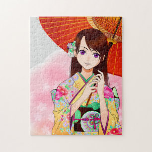 Cute Girl In Pink Floral Kimono With Red Umbrella Jigsaw Puzzle