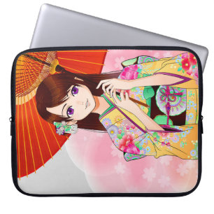 Cute Girl In Pink Floral Kimono With Red Umbrella Laptop Sleeve