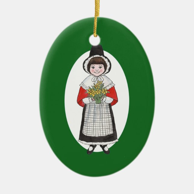 Cute Girl in Traditional Welsh Costume Ceramic Tree Decoration (Front)