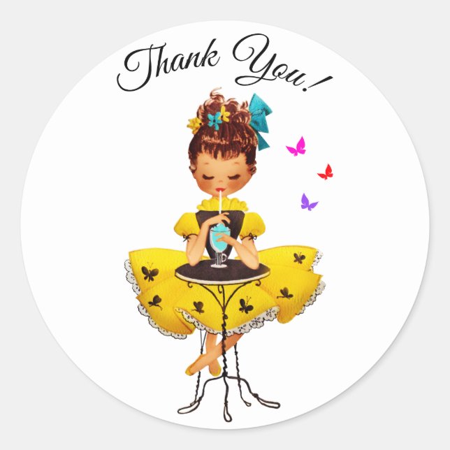 Cute Girl In Yellow Dress Thank You Classic Round Sticker (Front)