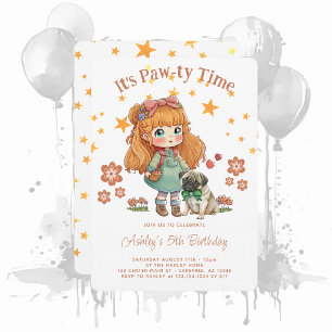 Cute Girl It's Pawty Time Birthday Invitation