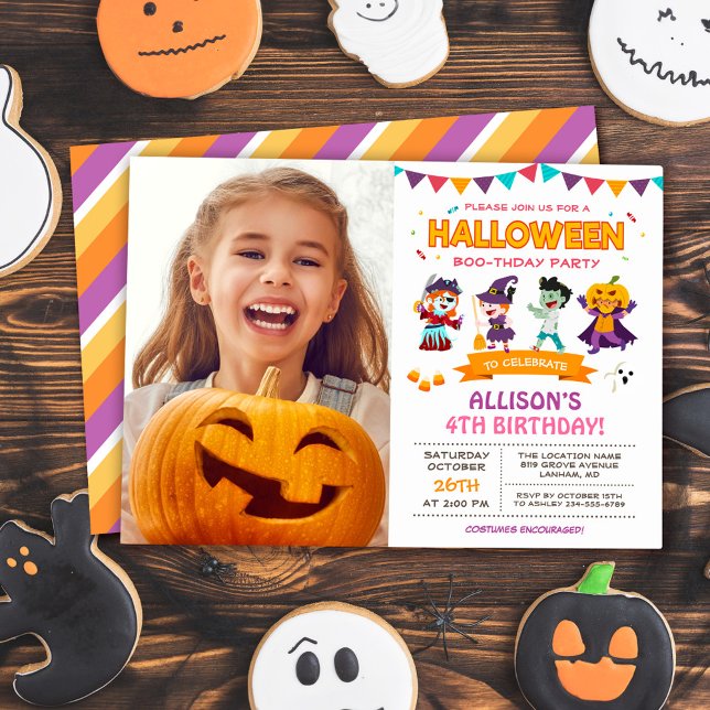 Cute Girl Kids Halloween Birthday Party Photo Invitation (Creator Uploaded)