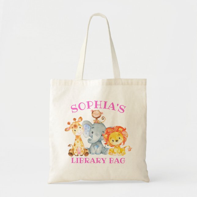 Cute Girl Kids Jungle Safari Animals Library Tote Bag (Front)