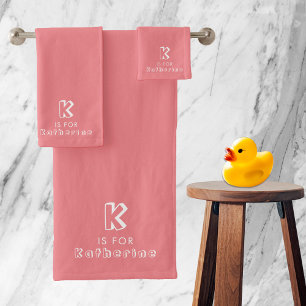 Cute Girl Kids Name Alphabet Initial Pink Bath Towel Set
