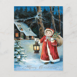 Cute Girl Lantern Holly Winter Cottage Postcard