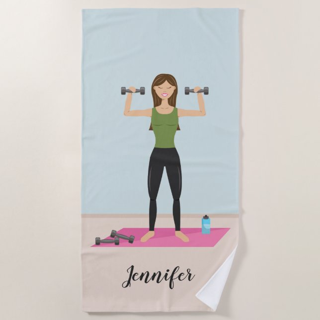 Cute Girl Lifting Weights & Custom Name Fitness Beach Towel (Front)