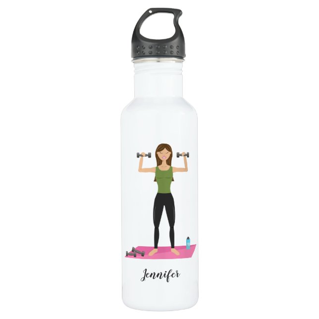 Cute Girl Lifting Weights & Personalised Name 710 Ml Water Bottle (Front)