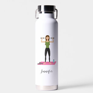 Cute Girl Lifting Weights & Personalised Name Water Bottle