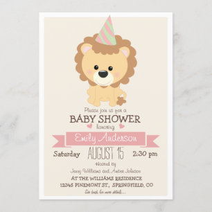 Cute Girl Lion, Jungle Zoo Animal Baby Shower Invitation