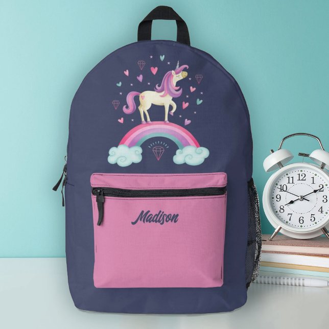 Cute Girl Magical Rainbow Unicorn Printed Backpack (A cute rainbow unicorn girls school backpack. Personalize it with her name.)