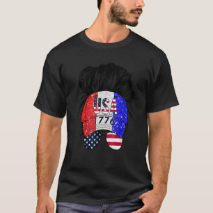 Cute Girl Messy Bun Hat American Flag Usa 1776 4th T-Shirt