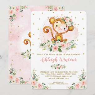 Cute Girl Monkey Baby Pink Gold Floral Baby Shower Invitation