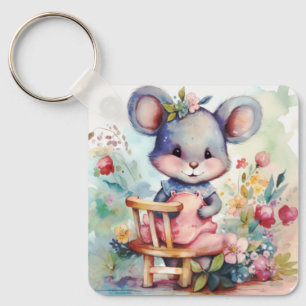 CUTE GIRL  MOUSE WITH FLOWERS NURSERY MOTIVATONAL KEY RING