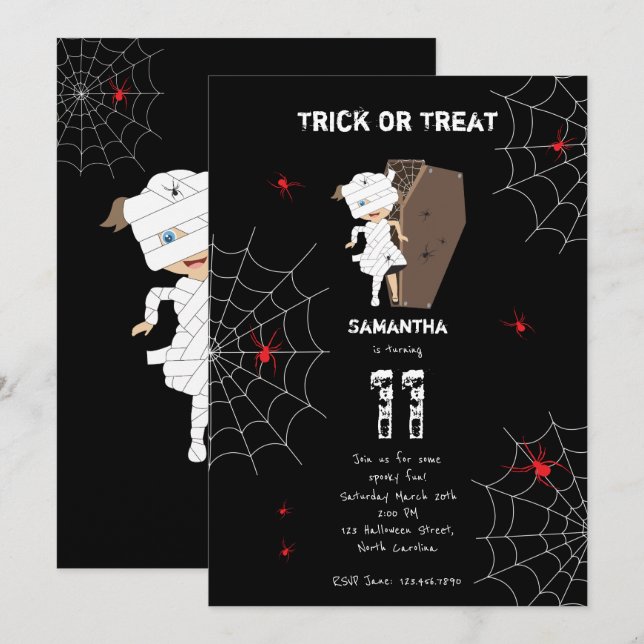 Cute Girl Mummy Coffin Girl Halloween Birthday Invitation (Front/Back)