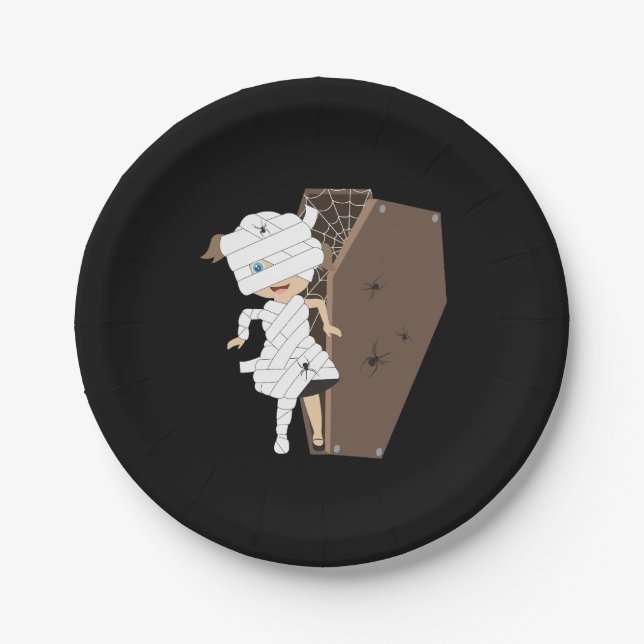 Cute Girl Mummy Coffin Halloween Design Paper Plate (Front)