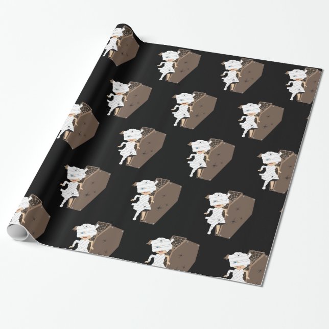 Cute Girl Mummy Coffin Halloween Design Wrapping Paper (Unrolled)