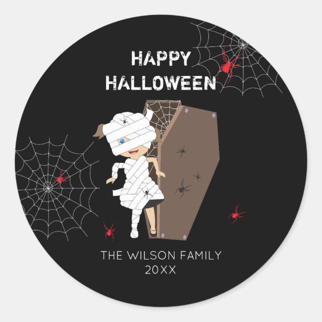 Cute Girl Mummy Coffin Halloween Family & Year  Classic Round Sticker (Front)