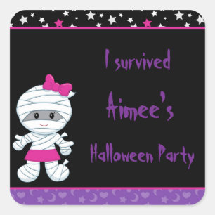 Cute Girl Mummy Halloween Party 'I Survived' Square Sticker