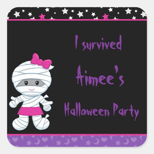 Cute Girl Mummy Halloween Party 'I Survived' Square Sticker (Front)