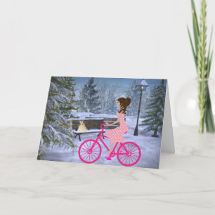 Cute Girl On A Pink Bicycle Winter Card