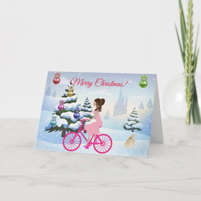 Cute Girl On A Pink Bicycle Winter Christmas Card (Front)