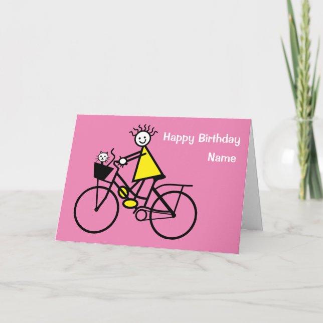 Cute Girl on Bike with Cat Birthday Card (Front)