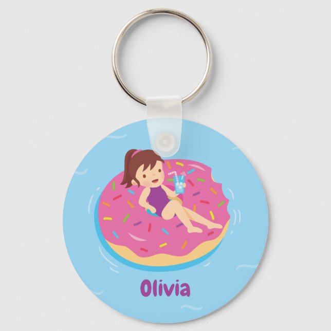 Cute Girl on Doughnut Pool Swim Float Keychain (Front)