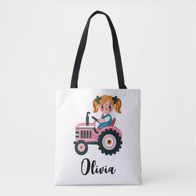 Cute Girl on Pink Tractor Personalised Tote Bag (Front)