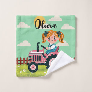 Cute Girl on Pink Tractor Personalised Wash Cloth